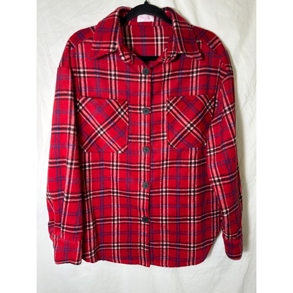 Pink Lily Women's Red Plaid Button Up Flannel Shacket Size M